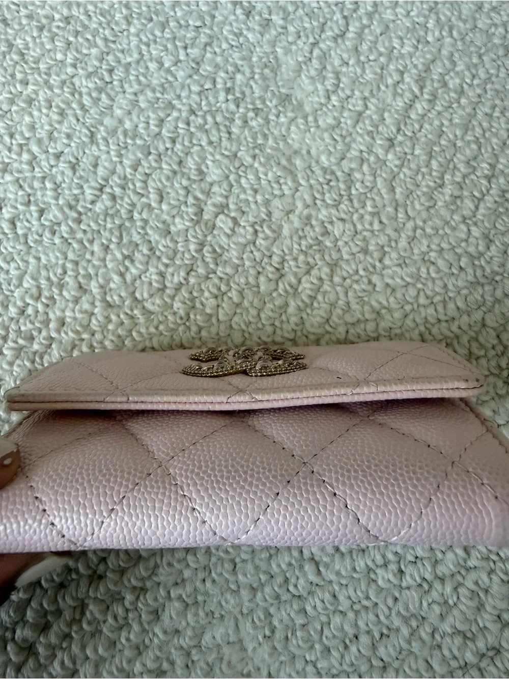 CHANEL Pink Quilted Caviar Crystal CC Logo flap Wallet
